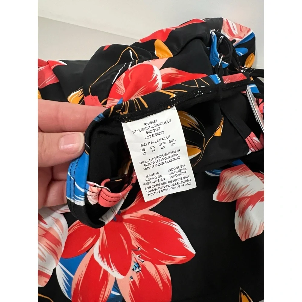 Swim Solutions Black Floral Print Empire Dress Size 12 - Picture 7 of 8